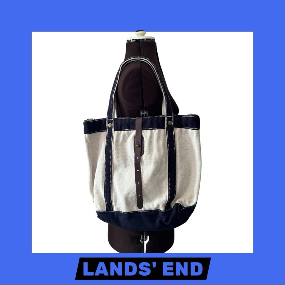 Lands' End Navy and Cream Canvas Tote